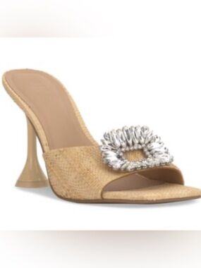 I.N.C. Woven Raffia Slide Heel with Silver Crystal Buckle 8.5 NEW